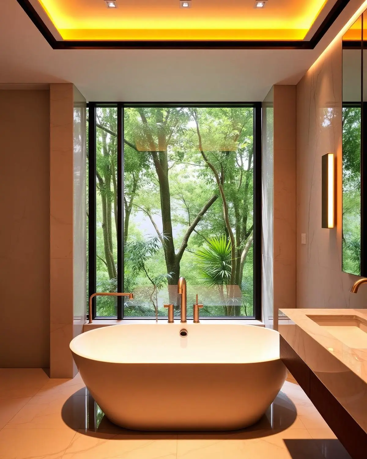 Luxury bathroom with forest view