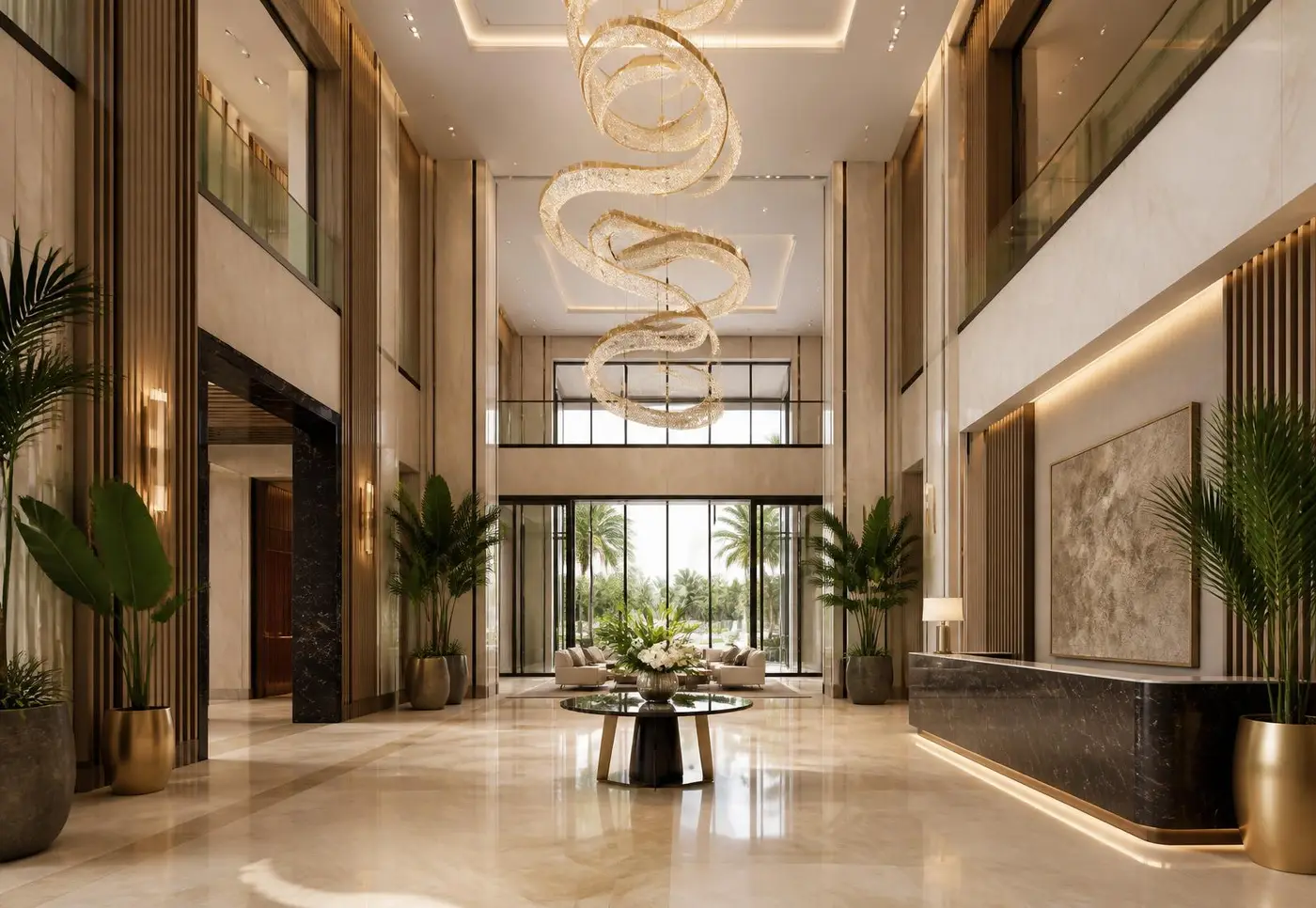 Grand luxury lobby with sculptural chandelier and marble floors