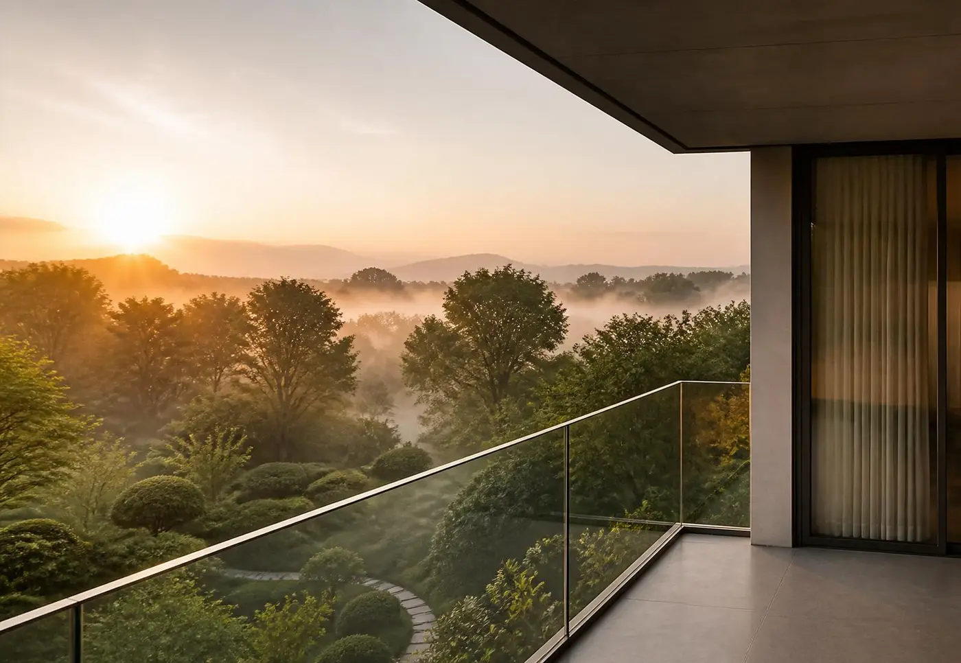 Sunrise view of mist-covered gardens from a VANN balcony